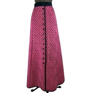 Vintage YOUTH GUILD Skirt (S) 70s Quilted Maxi Pink Black Floral Button Prairie